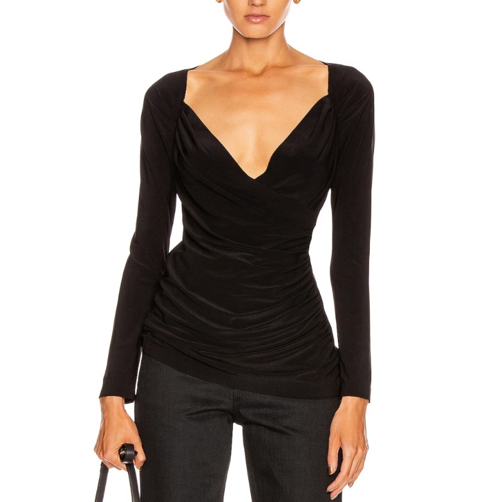 Norma Kamali Black Sweetheart Ling Sleeve Side Drape Top Size 34, XXS, 0